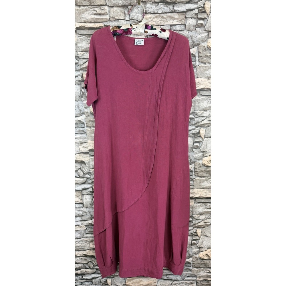 Oh My Gauze Lagenlook Minimalist Midi Cotton Dress Mauve Sz 1 S/M Relaxed Fit